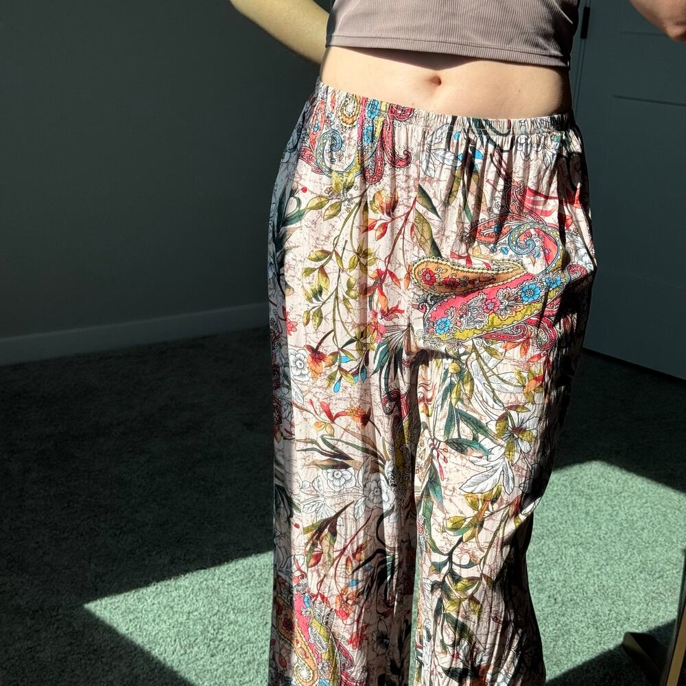 Spense Boho Paisley Floral Palazzo Raw Hem Pants Viscose Wide Leg Pull-On Size M